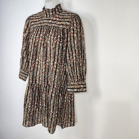 Free People Mini Dress Size 2 Floral Micro Mini Turtleneck 3/4 Sleeve Y2K Peplum - Picture 6 of 11